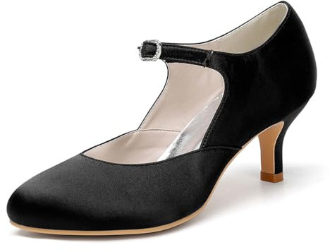 Satin Heels Mary Jane Strap Bridal Shoes Mid Kitten Heel Buckle Satin Wedding Court Shoes,Black,2 UK