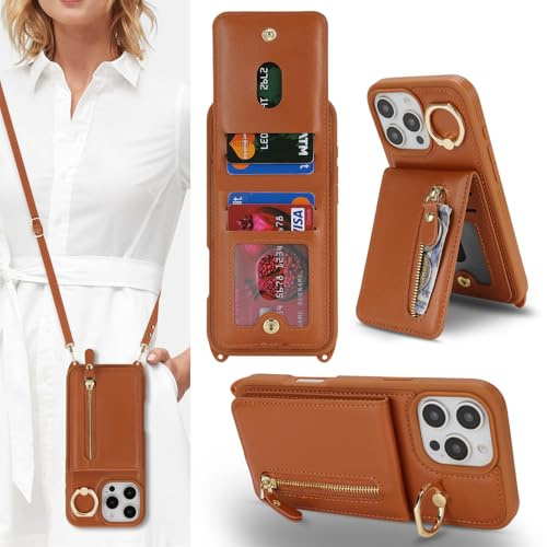 Zouzt Crossbody Wallet Case for iPhone 16 Pro Max, with Strap, Brown | Lanyard Purse, 4 Card Holder, 360° Ring Kickstand, PU Leather Zipper Handbag, Shockproof TPU, Back Flip Phone Cover for Women