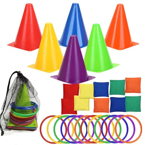 LACRIS 3 in 1 plastic cones toss game set with beanbags, outdoor throwing colorful ring toss cones, soft plastic Carnival set, birthday party activities inside and outside for kids