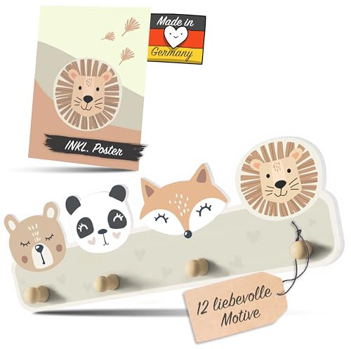 Kindsblick® Tierträume Kindergarderobe in Naturfarben inkl. A4 Poster - Garderobe Kinder Edition mit 4 Haken - Wunderschöne Kinder Garderoben Deko - Kinder Garderobe Maße (38 x 15 x 5 cm)