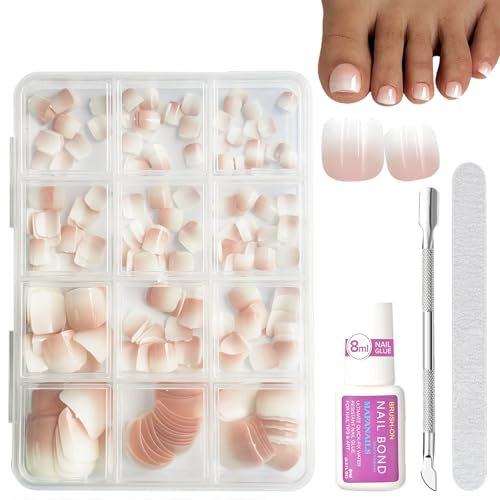 French Press On Nails For Toe - 240pcs False Nails For Toenails - Gradient Pink Square False Toenails Kit With Glue -Full Cover Acrylic Fake Toe Nails For Women Girls French Tip Nail Art Diy Gift