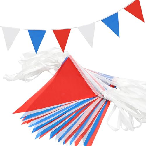 QRTDXP 40m 80pcs Red Blue White Bunting,16 * 21cm Triangle Flag Garland for National Day Birthday Party VE DAY 80th Anniversary Outdoor Indoor Decoration