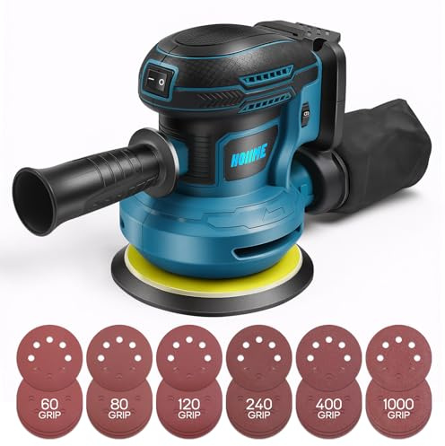 Cordless Random Orbit Sander 12,000 RPM, 125 mm Random Orbital Sander for M 18V Battery, with 6 Power Levels and 24 Sandpapers, Dust Bag (Battery Not Included)