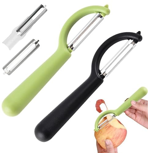 AZWOOD Universal Vegetable Peeler Set 2 Pack with 2 Replacement Blades, P-Shaped Stainless Steel Fruit and Vegetable Peelers in Black & Green, Non-Slip Handles, Sharp Blades for Kitchen Use