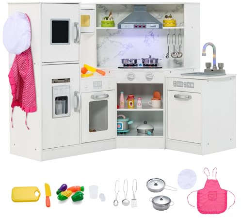 Kids Corner Kitchen, Wooden Children Toy Kitchens with Separated Washing Basin, Stoves, Range Hood, Ice Maker, Dish Washer, Sounds & Lights, Children's Chef Role Play Set for Boys Girls (White)