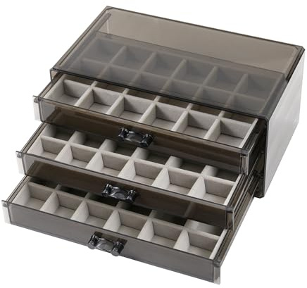 THCTYRP Schmuckkästchen mit 3 Schubladen, 54 Fächer Acryl Grau | Transparenter Schmuckkoffer Setzkasten für Steine Mineralien Muscheln Ringe Ohrringe, Sammlungsvitrine Platzsparend