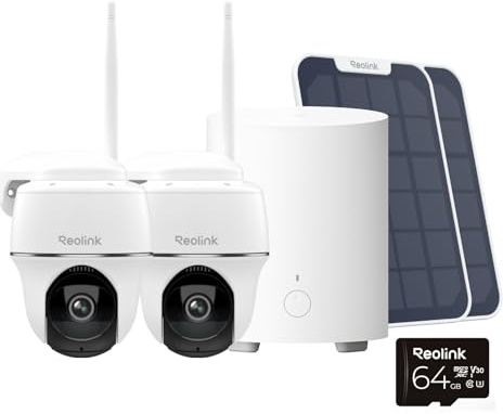 Reolink Argus PT Plus 2K Solar (2 Kameras) + Home Hub Mini | WLAN Überwachungskameras Aussen 4MP schwenkbar 355°/140°, Personen-/Fahrzeugerkennung, IR Nachtsicht und lokaler Speicher