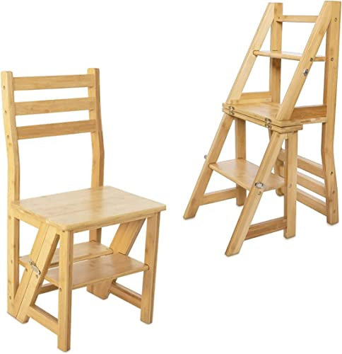HYGRAD BUILT TO SURVIVE Innovative Creative Transforming Folding Fold Up Library Steps Step Ladder Chair Kitchen Office Use Natural Bamboo Colour Reversible Portable Chair Stool