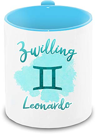 Tasse mit Namen Leonardo und Sternzeichen-Motiv Zwilling im Lettering-Stil | Keramik-Tasse hellblau | Astrologie-Geschenk