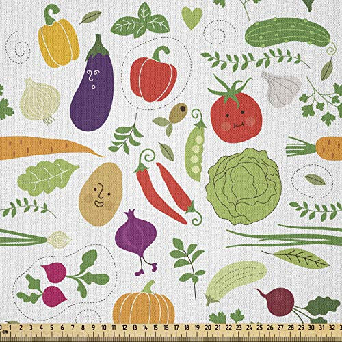 ABAKUHAUS Gemüse Stoff als Meterware, Vegetarisch Kohl, Microfaser Stoff für Kunsthandwerke und Dekoration, 5M (230x500cm), Weiß Grün Rot