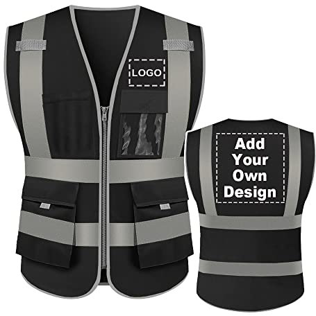 Sicherheitswesten Warnweste Reflektierende Weste mit Hoher Sichtbarkeit Benutzerdefiniertes Logo 8 Taschen Schwarz für Arbeiten im Freien Schwarz XL