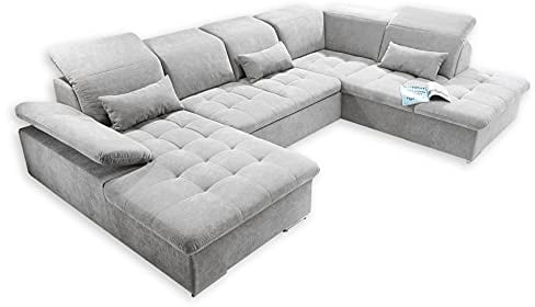 Stella Trading WAYNE Wohnlandschaft in U-Form, Stoffbezug Silber - Ausziehbares Sofa mit Schlaffunktion & Bettkasten - 340 x 81 (104) x 188 (240) cm (B/H/T)