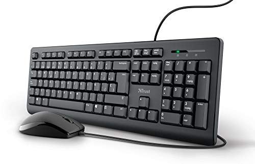 Trust Tastatur und Maus mit Kabel – spanisches QWERTY-Layout, 1,8 m langes Kabel, USB-Anschluss, auslaufsichere Tastatur, Windows, Mac, PC, Laptop, Schwarz