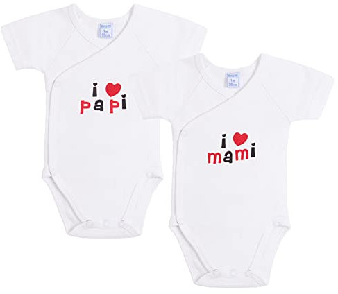 AMOMÍ Body Bebé Cruzado para Recién nacido Manga Corta personalizados I Love mami, I Love papi 1 Mes100% algodón combed (1 Mes, A21045)