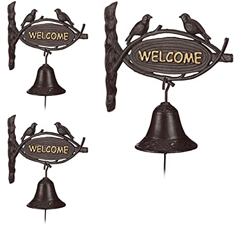 Relaxdays 3 x Türglocke Gusseisen Welcome, Antik-Stil, goldene Buchstaben, Schild mit Vögeln, Haustür & Garten, Dunkelbraun