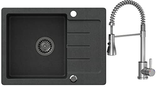 VBChome Évier en granit noir avec robinet 60 x 44 cm Évier simple encastrable à revêtement granité réversible évier composite + siphon lavabo robinet à sortie pivotante, sortie à ressort