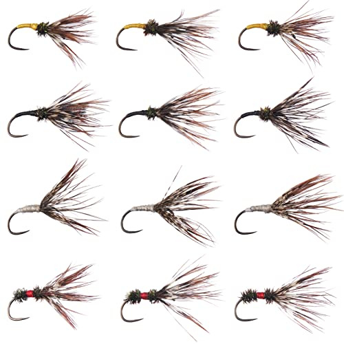 BASSDASH Forellenfliegenfischen, Tenkara, nasse und trockene Fliegen, Nymphen, Sakasa, Kebari, 12 Stück, sortiert, ohne Widerhaken