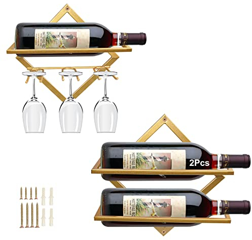 MERYSAN Supports Muraux pour Bouteilles de Vin en Métal, Rganisateur de Casier à Vin Suspendu Pliable pour 2 Bouteilles d'alcool, Étagère Murale Casier à Vin pour Cave De Bar De Cuisine (2, Gold-AB)