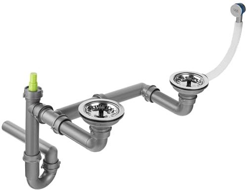 Fisc Doppel Siphon Küchenspüle Mit Anschluss 3 1/2 (84 mm Sieb) | Siphon Für Edelstahlspüle und Granitspüle | Siphon Küchenspüle 2 Abläufe - Sifon Spüle Set - Doppelspüle Ablaufgarnitur