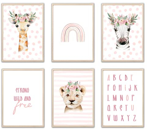 MeinBaby123® Poster Kinderzimmer | 6er Set DIN A4 Poster Set | Wandbilder | Safaritiere | Giraff, Zebra, Löwe | Deko Bilder Kinderzimmer | Babyzimmer Deko (Afrika Tiere rosa)