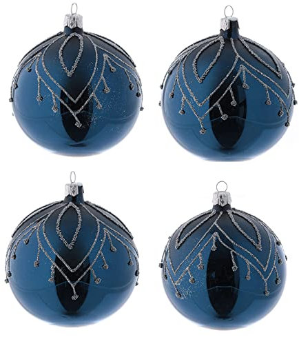 Holyart Weihnachtskugeln aus Glas 4er-Set Grundton Blau mit silbernen Verzierungen Glitter 100 mm