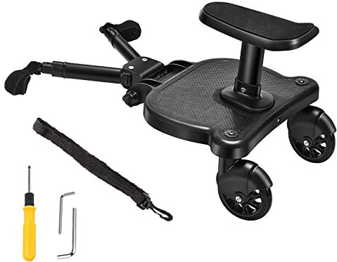 TTLIFE Portable Buggy Board with Seat, Universal Kiddy Boards Pram Standing Board,Stable Two Wheel Design,360° Rotation,Pram Accessory for Children from 2-6 Years(25kg),for 99% Baby Carriages(black)