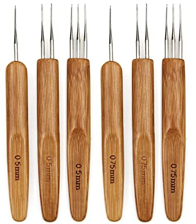 GZGXKJ 6 Pcs Dreadlock Häkelnadel Bambusgriff 0.5mm 0.75mm Ergonomische Häkelnadel Set für Haarhäkelnadel DIY Braid Craft