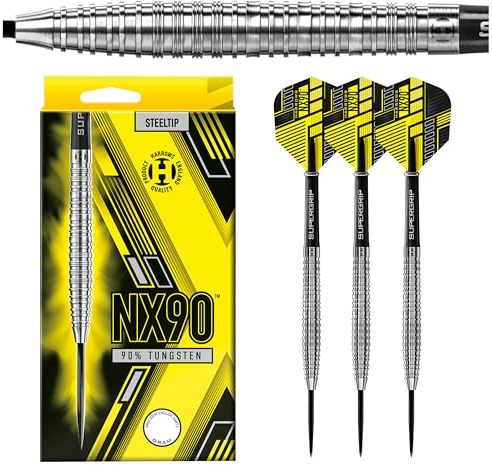 Harrows NX90 90% Tungsten Darts | Darts-Set mit Stahlspitze| 21g, 22g, 23g, 24g, 25g & 26g | Enthält Supergrip-Schäfte und 100-Mikron-NX90-Flüge (Tapered 23g)