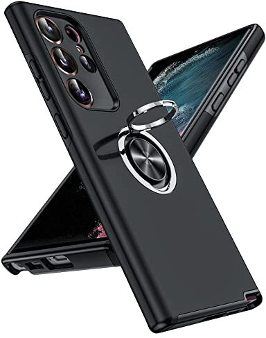 LeYi for Samsung Galaxy S23 Ultra Case,Heavy Duty Protection Shockproof Cover with Built-in Ring Holder Lightweight Silicone Hybrid Phone Case for Galaxy S23 Ultra Black
