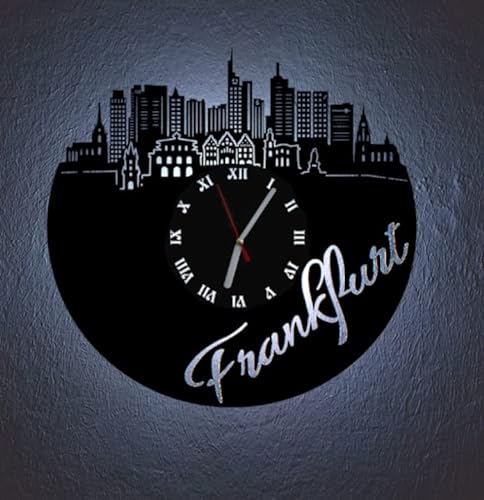Designbysh LED Wanduhr Frankfurt Skyline Uhr Hintergrundbeleuchtet mit schleichendem Uhrwerk