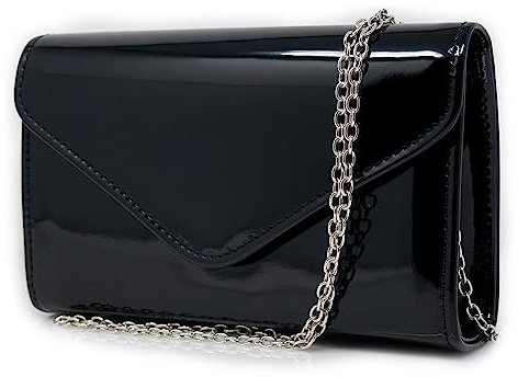 Pochette lucida nera di vernice elegante cerimonia da donna ragazza signora borsa a mano piccola clutch bag borsetta sera matrimonio primavera estate 2025 Ecopelle verniciato Nero