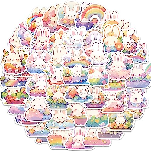 Bric Dodo 50 Stück Regenbogen Kaninchen Aufkleber Auto Laptop Telefon Gitarre Skateboard Motorrad Fahrrad Rabbit Stickers Set Vinyl Wasserdicht Aesthetic Aufkleber für Jugendliche Kinder Erwachsene