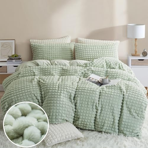 Tospass Plüsch Bettwäsche 200x220 cm 3 Teilig Winter Kaninchenfell Samt Bettwäsche Fleece Biber Grün Flauschig Warme Bettwäsche Cashmere Touch Wende Bettbezug mit Reißverschluss 2 Kissenbezug 80x80cm