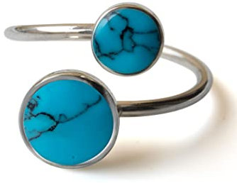 Fly Style Ring Silber 925 Damen, offener Ring größenverstellbar, 925 Silber Ring mit Stein oder Muschel, Ring Grösse:19.1 mm, Farbwahl:Türkis