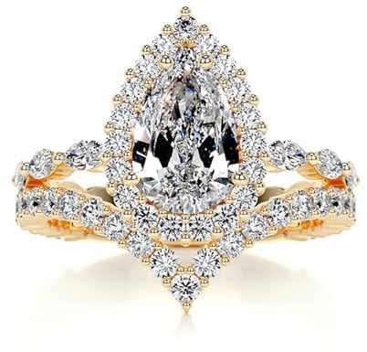 YDD 9ct/14ct/18ct Solid Gold Moissanite Engagement Ring Sets, 2 CT Center Halo Pear Cut Bridal Rings Set for Women Girlfriend Her Wedding Anniversary H-V (9ct Gold)