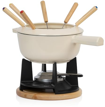 Mahlzeit Gusseisen Fondue Set für 6 Personen | 2 Liter | Fondueset 13 teilig mit Brenner und Gabeln | Fondue-Set, Käsefondue Set, Fleischfondue Set, Schokofondue Set (Creme emailliert)