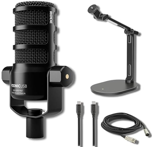 Rode PodMic USB and XLR Dynamic Broadcast Microphone with Rode Desk Stand 2 (DS2), XLR Cable, and StreamEye Polishing Cloth