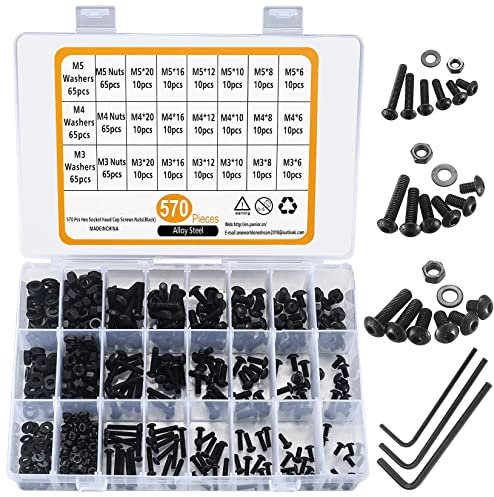 570 Stk Innensechskantschrauben mit Muttern Unterlegscheiben Set, Rundkopf Schrauben Set, M3 M4 M5 Linsenkopf Innensechskant Gewindeschrauben Set und Muttern und Unterlegscheiben Kit(Schwarz 570)