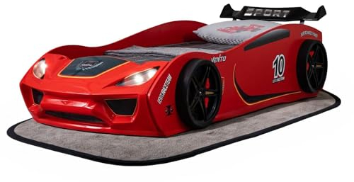 Coemo Autobett Vento Kinderbett Rot 90x200 cm im Rennwagen-Design mit Lattenrost und LED Scheinwerfern - Perfekt für kleine Rennfahrer- LxBxH 260x109x60