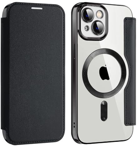 U.DARELIKE Magnetic Case for iPhone 13 Compatible with MagSafe PU Leather Wallet Card Slots Case Transparent Back Cover Flip Bumper Holster for iPhone 13 Black