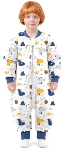 MlKAFEN Baby Schlafsack Langarm mit fuBen 3,5 tog, Winter babyhöhe 75-85cm | 100% Baumwolle Kinder-Winterschlafsack, mit abnehmbaren Ärmeln, Doppelreißverschluss für einfachen Windelwechsel,Dinosaurier