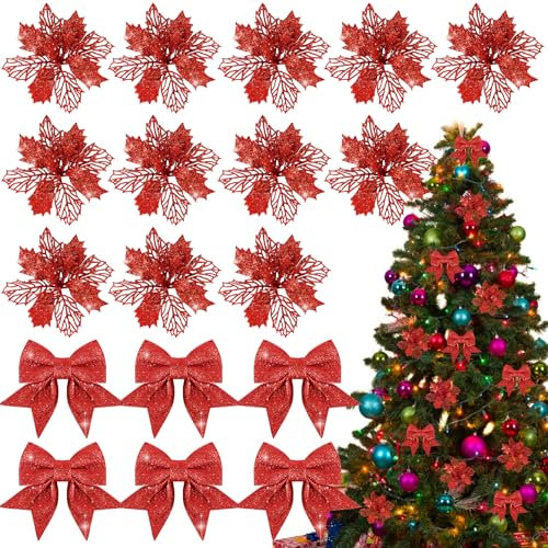 BOFUNX 12 Stück Glitzer Weihnachtsstern Blumen mit 6 Stück Glitzer Weihnachtsschleifen Deko Weihnachtsbaumschmuck Weihnachtsdeko für Weihnachtsbaum Neujahr Dekorationen