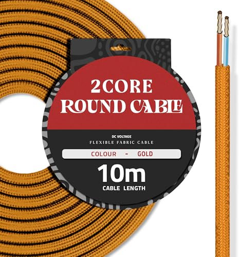 DC VOLTAGE 10M Gold Vintage 2 Core Round Cable Fabric Cloth Covered Electrical Wire, 32.8FT 2 Conductors 18 Gauge textile electric cable Wire coated colored vintage for Lighting DIY Project