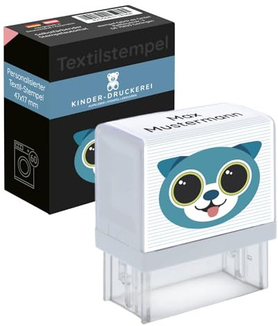 KINDER-DRUCKEREI Personaliserter Textilstempel/Namenstempel für Kleidung - Wasserfester Stempel zur Markierung von Textilien im Kindergarten & Schule (Hund)