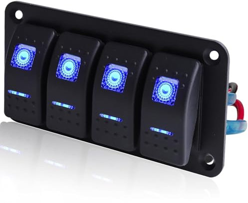 Greluma 1 pz Pannello interruttori a bilanciere a 4 bande, interruttore a bilanciere precablato ON/OFF, interruttore retroilluminato blu per auto, barca, camper, auto e veicoli