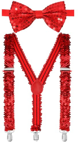 Jadive 2 Pcs Pailletten Hosenträger Set Y Clip mit Glitzer Fliege Krawatte Schleife Kostümzubehör für Disco Karneval Halloween Mottoparty