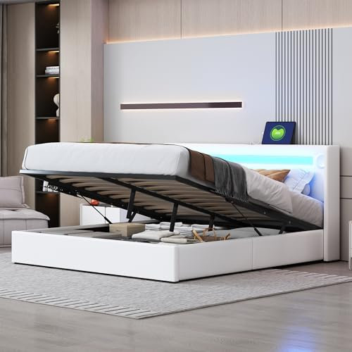 Wiuzo Polsterbett 160x200 Bett mit LED-Lichtleiste, Bluetooth-Player und USB-Aufladung, Stauraumbett aus PU-Leder, Hochbettkasten, Doppelbett mit Lattenrost Weiß