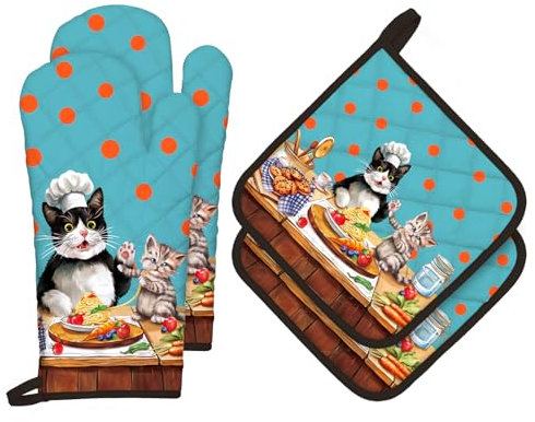 Arquiel Cute Cat Oven Mitts and Pot Holders -100% Cotton, Heat Resistant Extra Long Oven Gloves & Hot Pads for Cooking BBQ Grilling Baking Gift, Set of 4