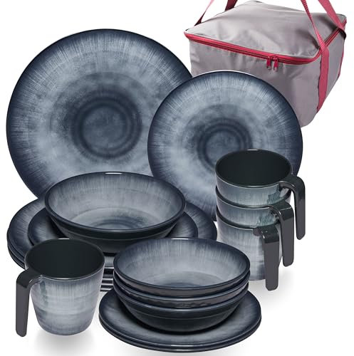Jesolo Set de vaisselle en mélamine pour 4 personnes - 17 pièces - Avec tasses et sac de rangement - Aspect grès - Passe au lave-vaisselle - Vaisselle de camping - Accessoires de camping - Caravane et