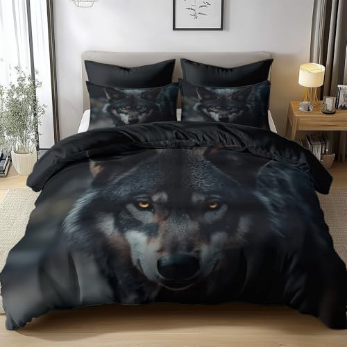 Generisch Bettwäsche-Sets 155x220cm Tier Schwarzer Wolf Bettwäsche 3 Teilig, Weich Atmungsaktiv Polyester-Baumwolle Bettbezug Set mit Reißverschluss, 2 Kissenbezüge 80x80 cm